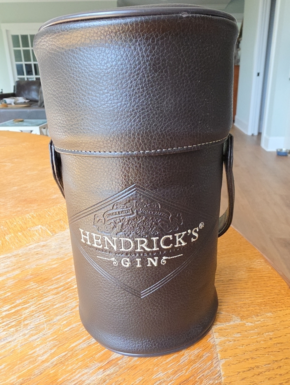 Hendrick's Gin Bottle Caddy, Brown Pebbled Aniline Leather, Holds 750 ml Bottle